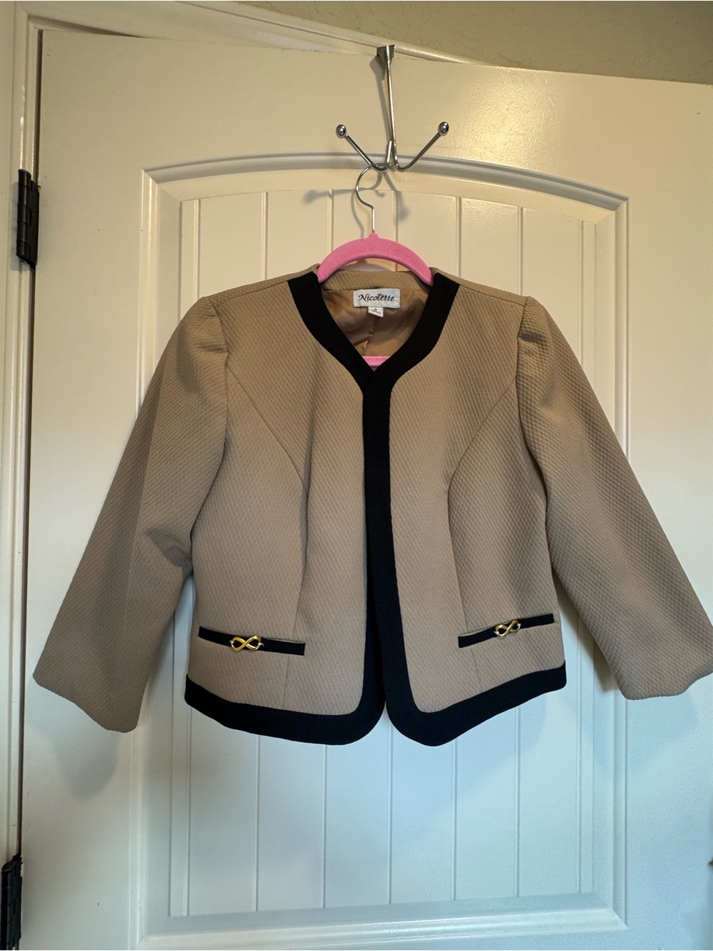 Nicole Tan Jacket with Black Trim and Gold Accents
